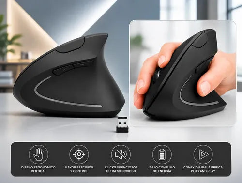 Mouse Vertical Inalámbrico Ergonómico Dpi Ajustable 6 Botone Negro