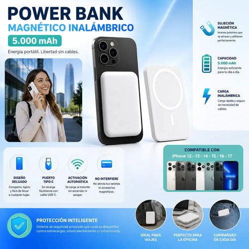 Power Bank Magnético De 5000 Mah Para iPhone Series, Carga Inalámbrica Y Rápida Con Usb-c Blanco