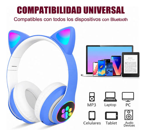 Audífonos Inalámbricos Orejas Gato Con Micrófono Recargables Azul