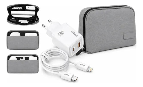Kit Cargador Rápido 35w Para iPhone + Bolso Organizador Blanco/gris