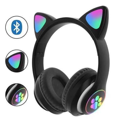 Audífonos Inalámbricos Orejas Gato Con Micrófono Recargables Negro