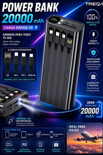 Powerbank 20000mah Carga Rápida Luz Led Cables Integrados