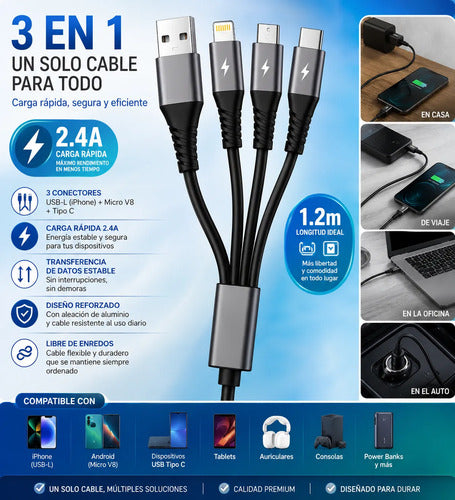 Cable Multicargador Compatible Con iPhone Tipo C Y Micro V8 Negro