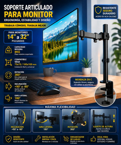 Soporte Monitor Articulado 14 A 32 Pulgadas Vesa 8kg 360° Negro