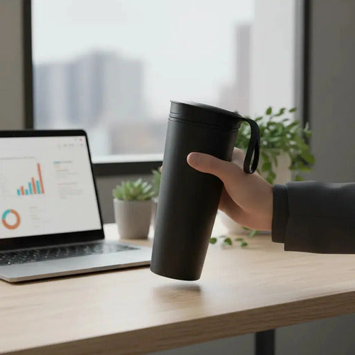 Vaso Térmico Mug Antiderrames De 540 Ml - Portátil - 22cm - Doble Pared - Libre De Bpa - Ideal Para Paseos, Oficina, Auto Y Hogar -negro Liso