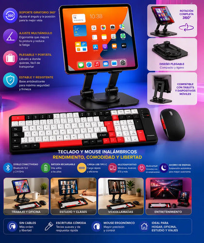 Kit Para Tablet Soporte+teclado+mouse Bluetooth Recargable Negro/rojo