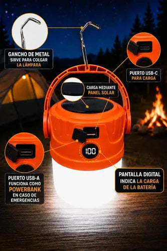 Lampara Solar Camping Farol Colgante Recargable Power Bank Naranja