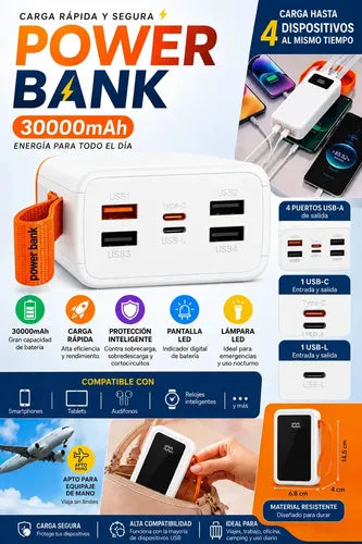 Cargador Portátil Diegmark De 30000mah Para Celular Con Carga Rápida Y 2 Cables Integrados Blanco