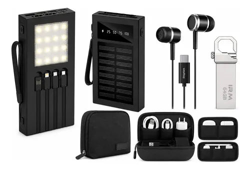 Kit Emergencia Powerbank Solar Audífonos Pendrive Y Bolso Negro