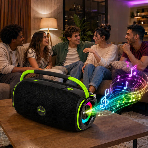 Parlante Bluetooth 10w Luces Rgb Recargable Radio Fm Tws Negro/verde