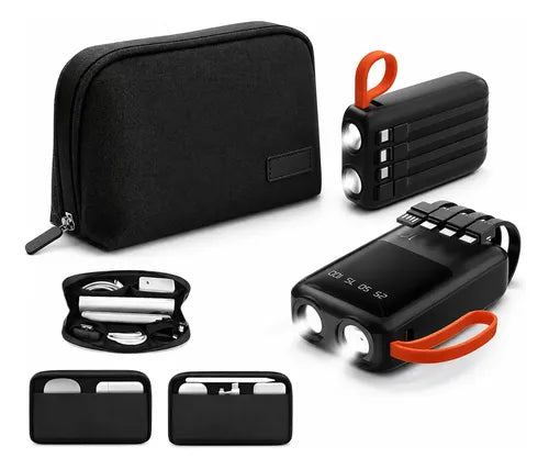 Powerbank 10000mah 2 Linternas Led Cables Integrados + Bolso Negro