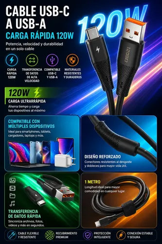 Cable Usb C 1m 120w Carga Rápida Alta Velocidad Para Android Negro