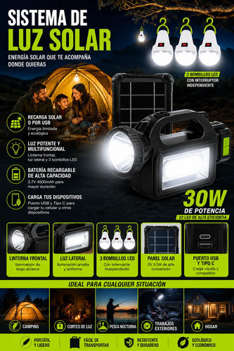 Sistema De Emergencia Iluminación Solar Portátil Recargable Negro