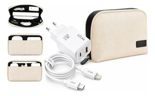 Kit Cargador Rápido 35w Para iPhone + Bolso Organizador Blanco/beige