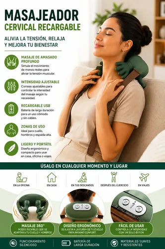 Masajeador Tensión Cervical Recargable Para Cuello Y Hombos Verde Musgo