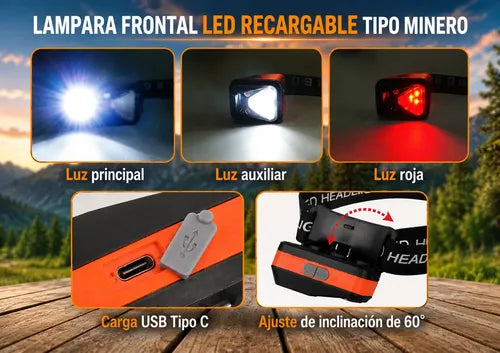 Linterna Frontal Led Recargable Luz Roja Y Sensor Movimiento