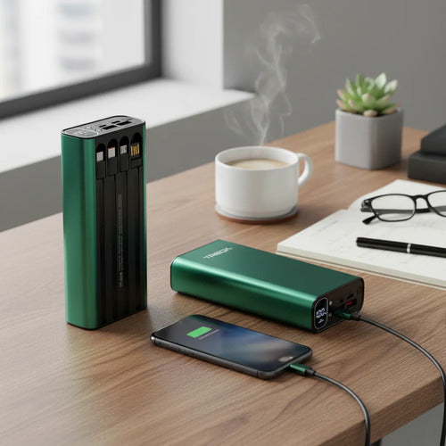 Powerbank 20000mah Carga Rápida Luz Led Cables Integrados Verde