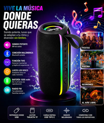 Parlante Bluetooth 8w Tws Luces Led Recargable Usb 1500mah