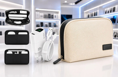 Kit Cargador Rápido 20w Usb C Para Android + Bolso Organizad Blanco/beige