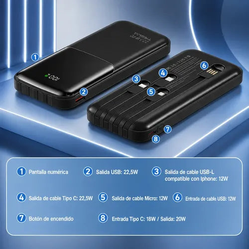 Power Bank Carga Rápida 10000mah 22.5w Pd 4 Cables Integrado Negro
