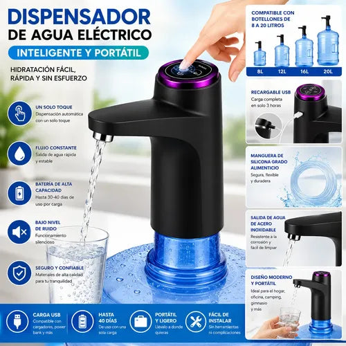 Dispensador De Agua Eléctrico Usb Recargable 8 A 20 L Negro