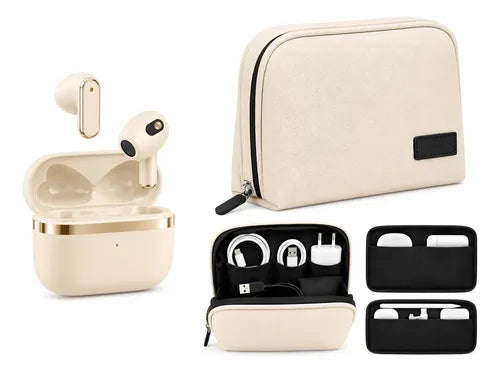 Kit Audífonos Bluetooth 5.49 Y Bolso Organizador Accesorios Beige