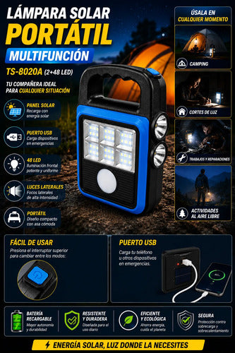 Lámpara Solar 48 Luz Led Mulfunciòn Recargable Usb Powerbank Negro/azul