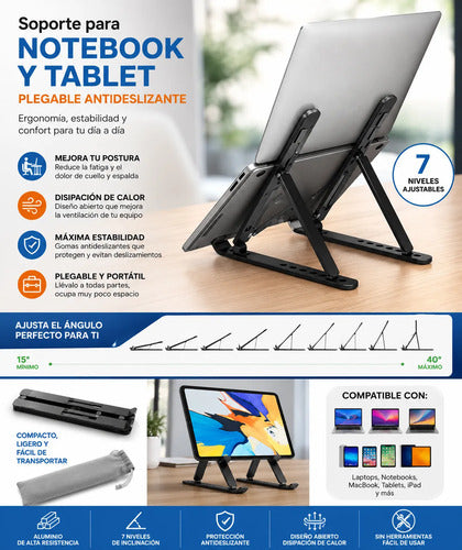 Soporte Metálico Para Notebook Tablet Plegable Antideslizant Negro