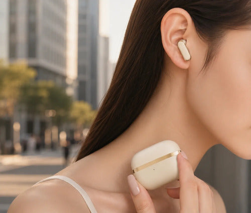 Kit Audífonos Bluetooth 5.49 Y Bolso Organizador Accesorios Beige