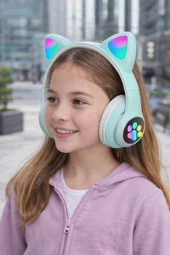 Audifonos Bluetooth Orejas De Gato Luz Led Rbg Recargables Verde Claro