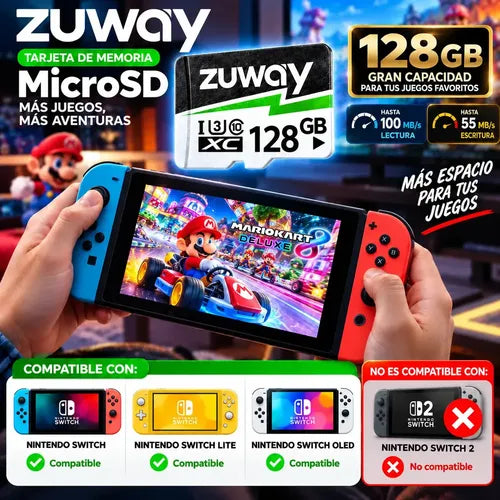 Tarjeta De Memoria Microsd Zuway 128gb Clase 10 U3 A1 Alta Velocidad 100mb/s Premium Compatible Con Nintendo Swicht 1, Video 8k, Celulares, Tablets, Cámaras De Seguridad Y Deportivas, Uso Profesional