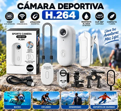 Mini Cámara Deportiva Wifi 1080p Sumergible Clip Magnético Blanco