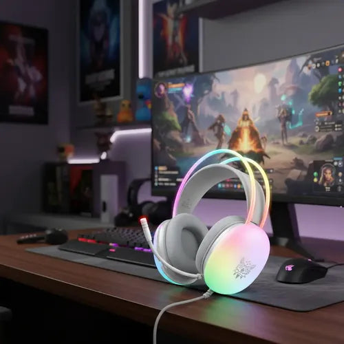 Auriculares Gamer Vincha Para Pc Onikuma X25 Con Micrófono Color Blanco Luz Arcoíris