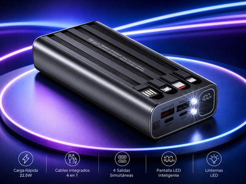 Powerbank 20000mah Carga Rápida Luz Led Cables Integrados