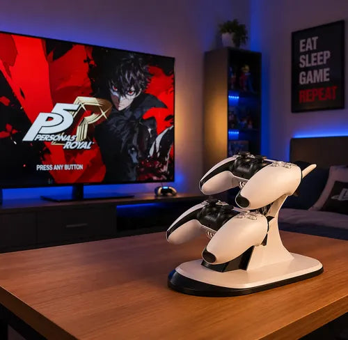 Base De Carga Dual Compatible Con Ps5 Joystick Luz Led Usb-c Blanco