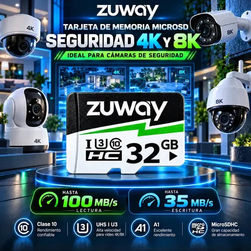 Tarjeta De Memoria Microsd Zuway 32gb Clase 10 U3 A1 Alta Velocidad 100mb/s Premium Compatible Con Nintendo Swicht 1, Video 8k, Celulares, Tablets, Cámaras De Seguridad Y Deportivas, Uso Profesional