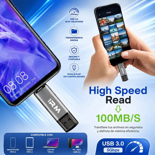 Pendrive Flash Drive Metálico Memoria Usb Otg Tipo C Usb 3.0 Irm 16gb Alta Velocidad Hasta 100mb/s Lectura Compatible Con Android Pc Notebook Tablet Smart Tv Plug And Play Transferencia Rápida Gris