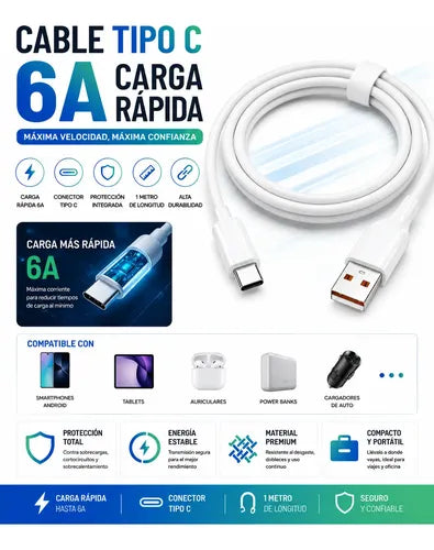 Cable C 6a Carga Rápida Tipo C Nuevo Blanco