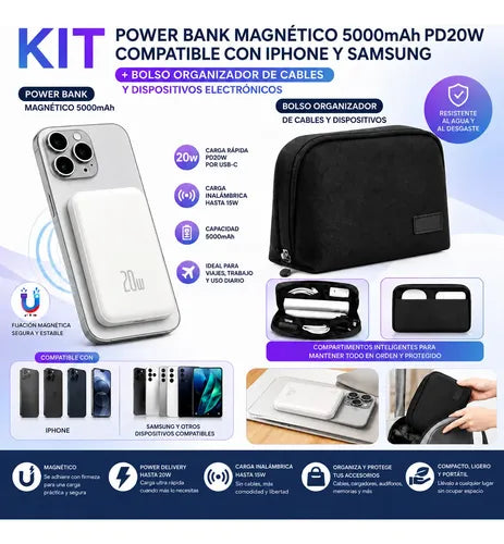 Kit Powerbank 5000mah Magnético Para iPhone Samsung + Bolso