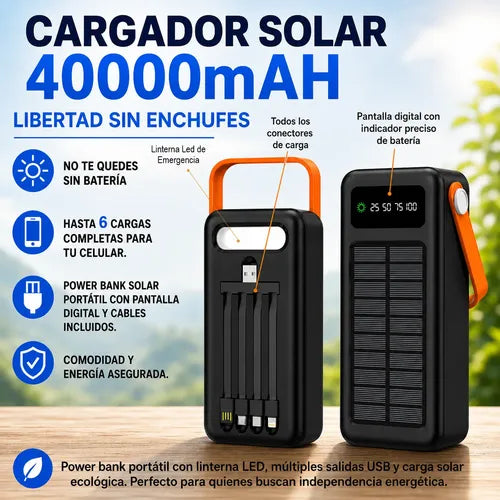 Power Bank Solar 40000mah Con Linterna Led Cables Integrados Negro