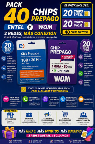 Pack 40 Chips Prepago Entel Y Wom Sim Prepago 3 En 1