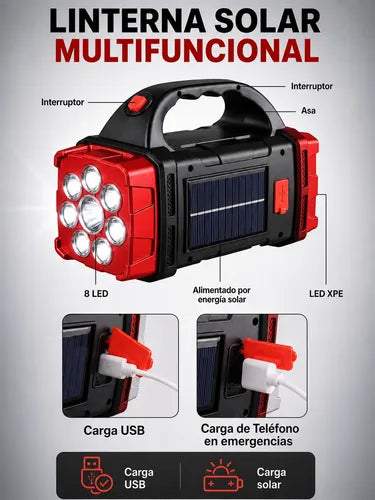 Linterna Solar Led Multifunción Recargable Usb + Powerbank Blanca/ Amarilla Negro/rojo