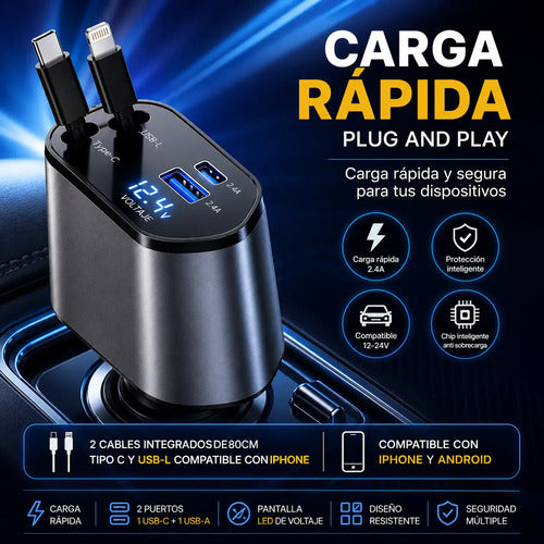 Cargador Auto 120w 4 En 1 Con 2 Cables Retráctiles 2 Puertos Negro