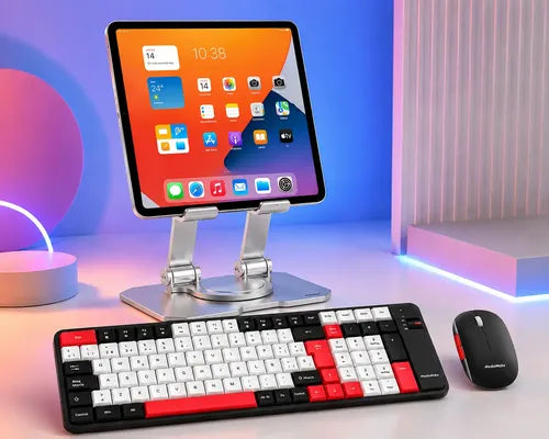 Kit Para Tablet Soporte+teclado+mouse Bluetooth Recargable Negro/rojo