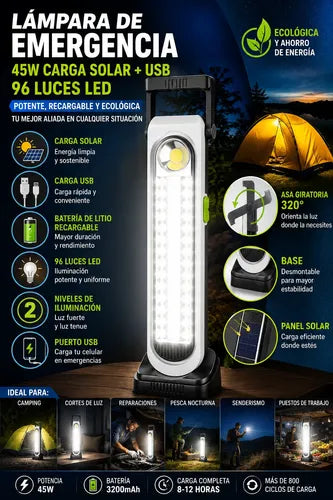 Lámpara Led Solar 45w Recargable Usb 3600mah 96 Luces Led Blanco