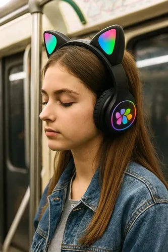 Audífonos Inalámbricos Orejas Gato Con Micrófono Recargables Negro