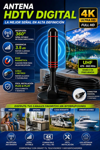 Antena Tv Digital Uhf 3.5 Dbi Base Magnética 3 Mts Int / Ext Negro