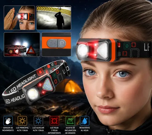 Linterna Frontal Led Recargable Luz Roja Y Sensor Movimiento