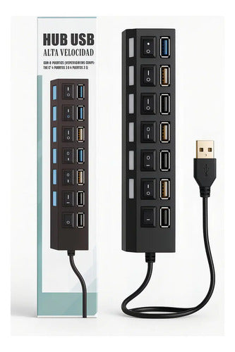 Hub Usb De 7 Puertos Con Interruptores Y Luces Led Para Pc Y Laptop Negro