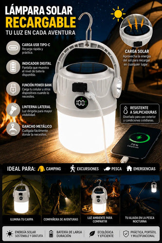 Lampara Solar Camping Farol Colgante Recargable Power Bank Gris